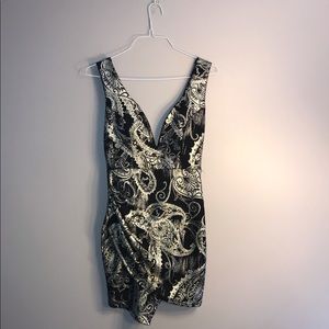 Black, V-neck, Windsor dress with gold details